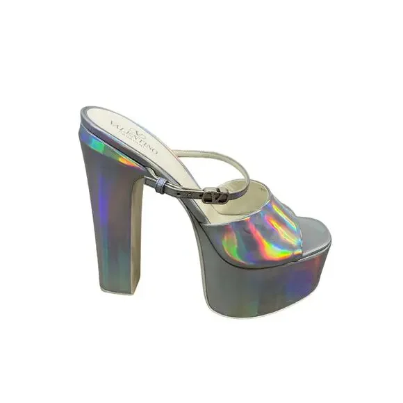 Valentino Garavani Tan-go Iridescent Platform Pumps Block Heels Silver Sz 11